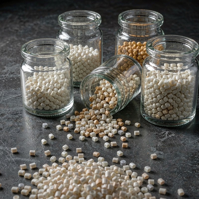 Functional masterbatch sample jars &mdash; white, cream and amber cylindrical pellets